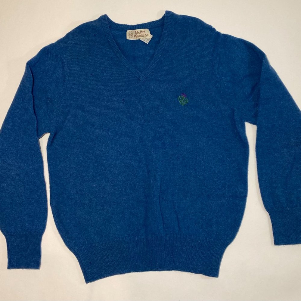 Vintage Moffa Woollens Sweater Blue V-Neck Wool Pullover Men's Size M